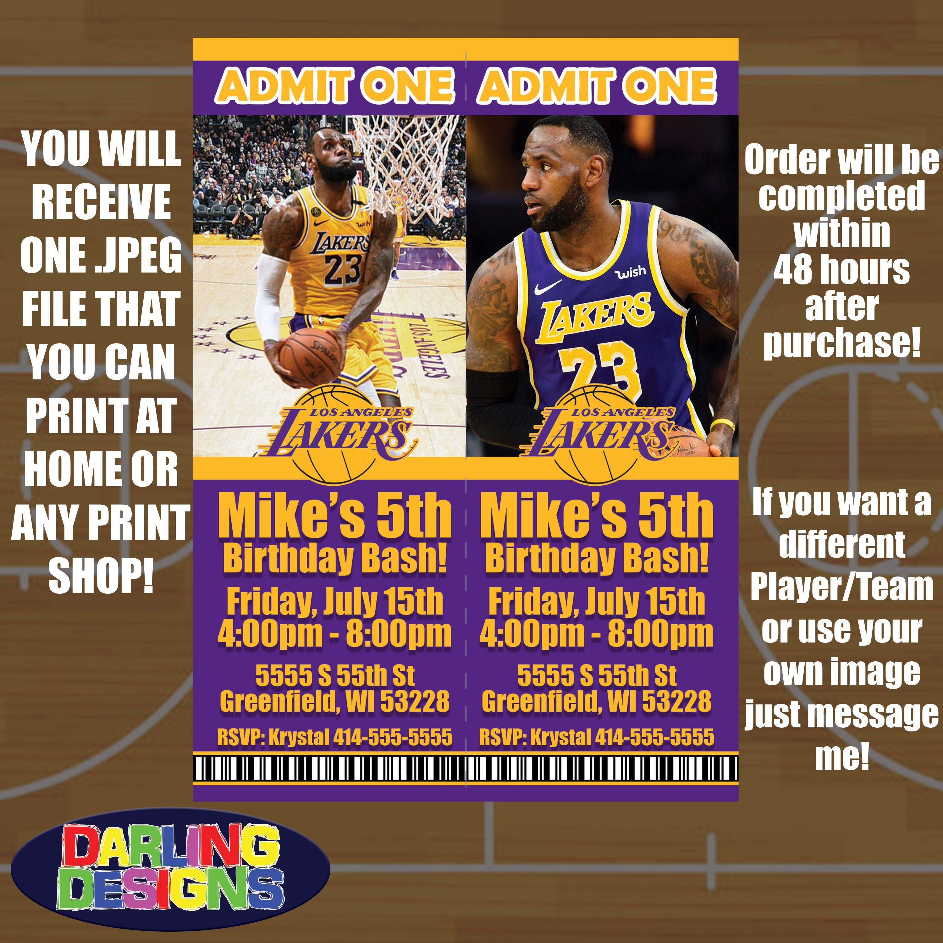 NBA Los Angeles Lakers Ticket Birthday Invitations High Quality 300 DPI