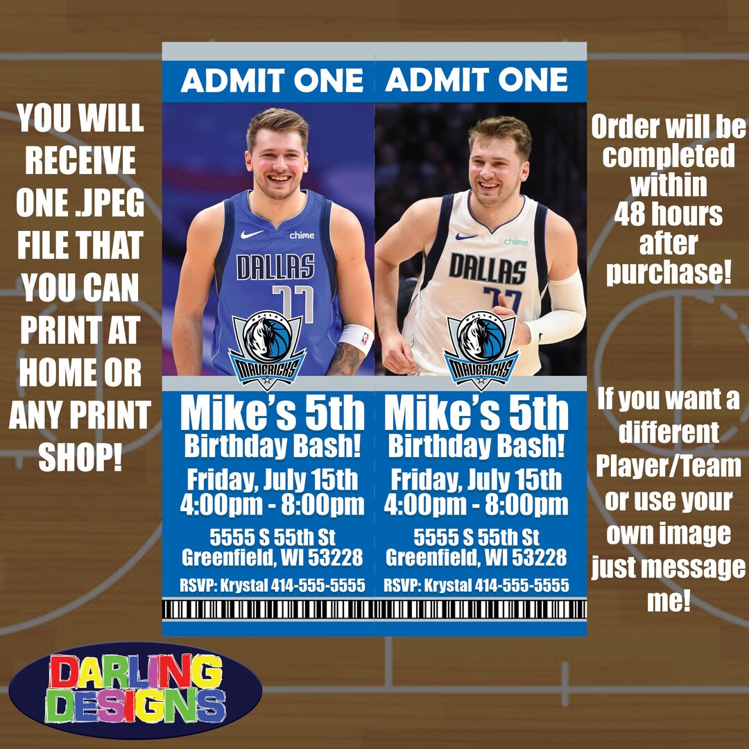 NBA Dallas Mavericks Ticket Birthday Invitations High Quality 300 DPI