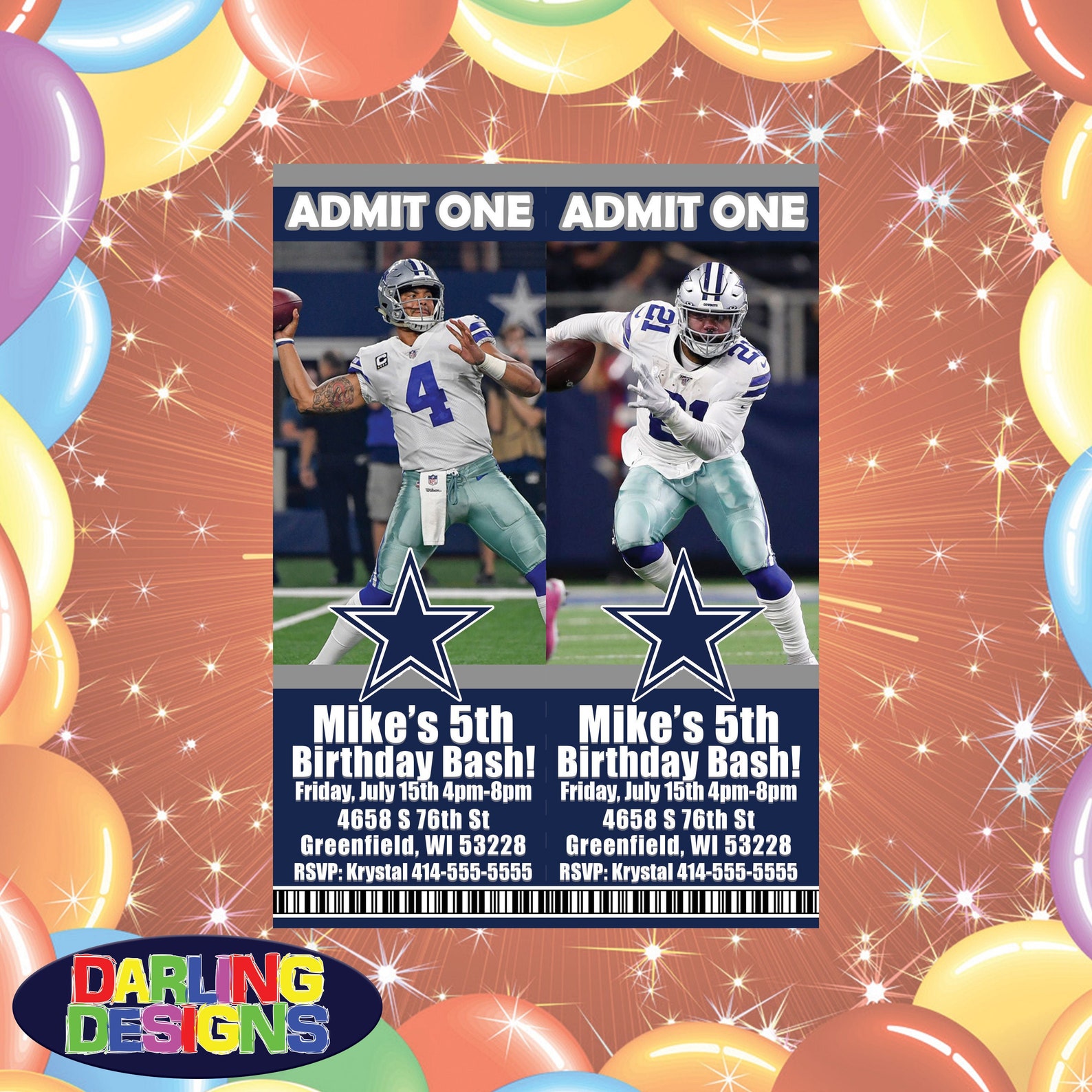 NFL Dallas Cowboys Ticket Birthday Invitations High Quality Etsy