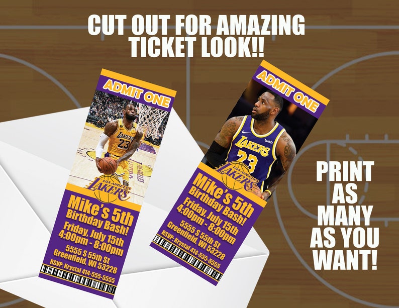 NBA Los Angeles Lakers Ticket Birthday Invitations High Quality 300 DPI ...