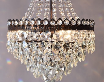 Antique French Crystal Chandelier, Empire Pendant, Aged Brass, Vintage Lighting, WORLDWIDE DUTY FREE Shipping
