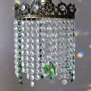 Rear antique vintage crystal ceiling pendant in brass with green & clear octagonal crystal green droplets FREE EXPEDITED SHIPPING Worldwide