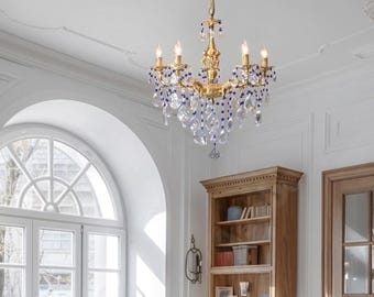 1960s Antique French Style Chandelier, Restored vintage Lighting, Ballroom Candle Blue Clear Crystal Light, USA DUTY FREE