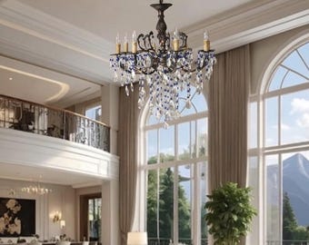 Large Antique French Style Lighting, Ballroom Blue & Clear Crystal Chandelier, Dining room Candle Light DUTY FREE [USA]