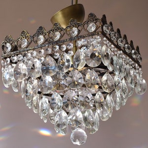 RARE Antique brass chandelier, vintage crystal pendant, Lamp Vintage crystal Chandelier, Low Ceiling Semi-Flush ceiling Pendant indoor light