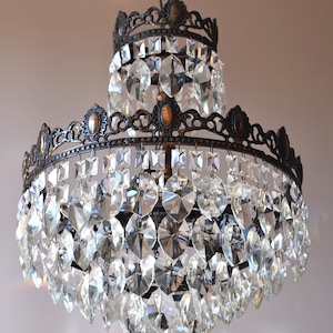 Vintage Crystal Chandelier, Antique Brass Pendant  Home interior crystal Chandelier light Fixture, Ceiling pendant Lamp Lighting home decor