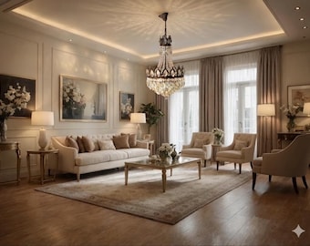 Pode incluir: Uma sala de estar luxuosa com um sofá creme, poltronas e um tapete estampado. Um lustre de cristal pende do teto, iluminando o espaço. Obras de arte e luminárias adicionam à decoração elegante. O quarto tem pisos de madeira e janelas grandes.