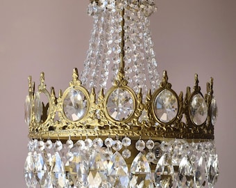 Lampadario da interno in stile francese Empire in ottone anticato, illuminazione vintage con cristalli per corridoio • ESENTE DA DAZI DOGANALI [USA]