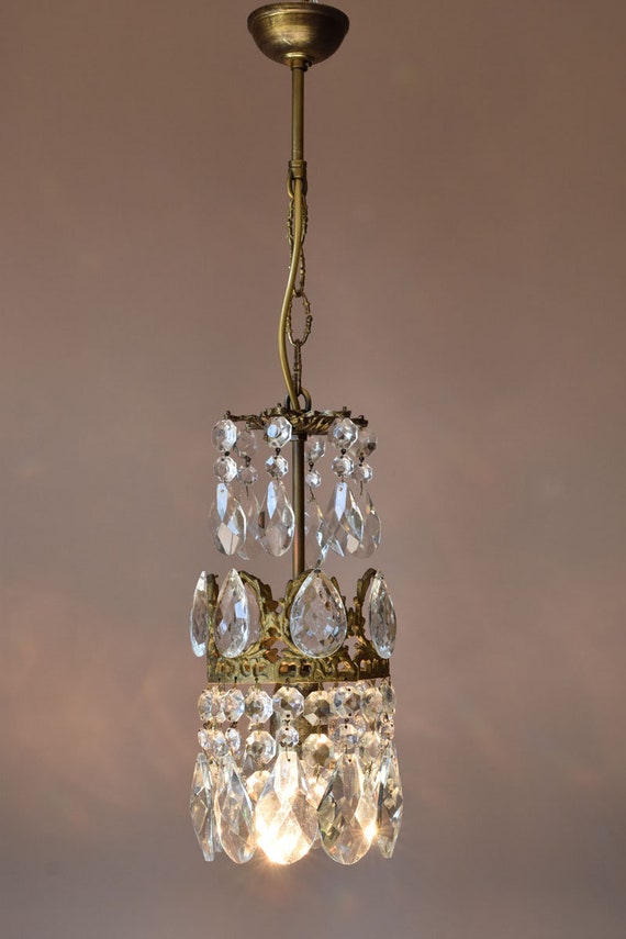 Original Brass Crystal Chandelier Antique French Vintage Image 0
