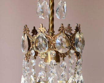 Vintage Brass Crystal Chandelier: Mini Pendant Lighting, Brass Frame, Rainbow Crystals, DUTY FREE [USA]