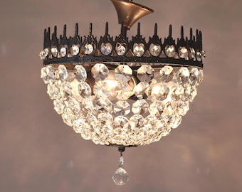 Antique Brass Ceiling Crystal Chandelier • French Purse Style Semi-Flush Lighting 1960s Brass Fixture