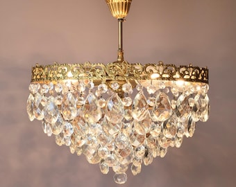 Lampadario semi-incasso in cristallo francese: plafoniera bassa in ottone anticato, esente da dazi doganali [USA]