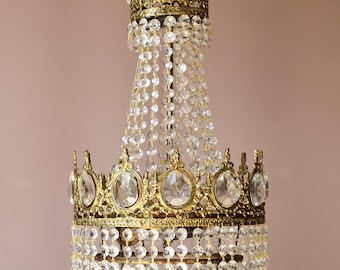 Antique Vintage Brass Crystal Chandelier: French Empire Ceiling Light Fitting for home decoration