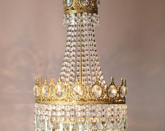 LARGE Antique Crystal Chandelier, Vintage Ceiling Lighting for Home Interior, Indoor Pendant, brass Ornate light, Lighting, FREE SHIPPING