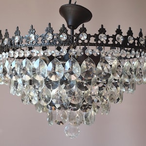 Shabby Chic Antique Brass Semi Flush Lamp French Chandelier, Vintage crystal Chandelier, Ceiling Flush Pendant Hanging pendant home interior