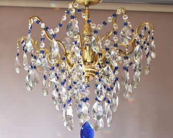Antique Brass Light Handcrafted Vintage Lighting, Clear Blue Crystal Chandelier• DUTY FREE [USA]