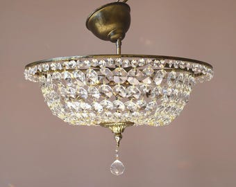 ヴィンテージ屋内アンティーク真鍮クリスタルシャンデリア • ハンドバッグ型フレンチスタイル半埋め込み式廊下・キッチンライト 1960年代照明器具 • 免税品 [米国]