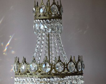 Antique Crystal Chandelier Light Fixtures • French Empire Brass Ceiling Hanging Lamp Lighting