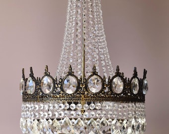 Large Vintage Crystal Chandelier, Antique Brass lighting, Indoor Pendant Crystal Chandelier light Ceiling pendant FREE USA TARIFF All Paid