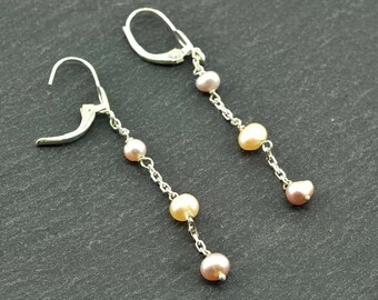 Multicolor fresh water pearls and sterling silver earrings.