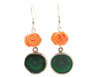 Malachite and pink coral earrings