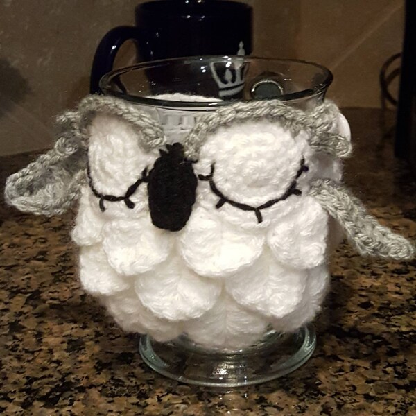 Crochet White Owl Mug Cover, Snow Owl Mug Cover, Teacher's Gift, Owl Mug Warmer, Owl Lovers Gift, Crochet Owl Bride, Bridal Shower Gift.