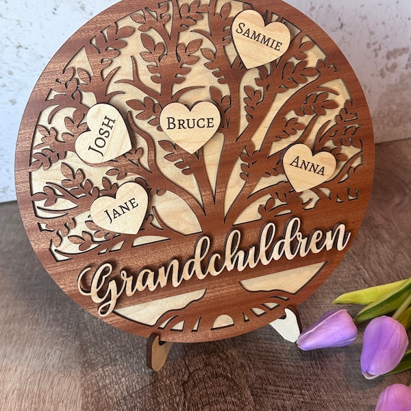 Family Tree Display Sign Grandchildren Kids Grandmother Mother’s Day Gift Home Decor Round  Custom Wooden Family Sign Personalized Names