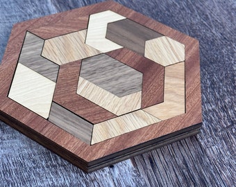 Hexagon Wooden Brain Teaser Puzzle: Fine Wood Adult Game