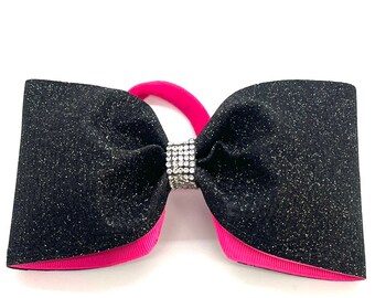 Glitter Bling Tailless 6”x3” Bows for Squads and Teams, Choose Ribbon Color, Glitter color and Rhinestone center