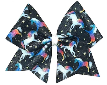 Unicorn Printed Cheer Bow, Choose from Glitter or Plain Ribbon, Multi Color Unicrn Gifts, Hair Bows for her