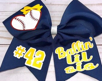 Baseball Bow, Lil Sis Cheer Bow, Match Uniform Colors for Custom Bow, Add Personalized Baseball Number