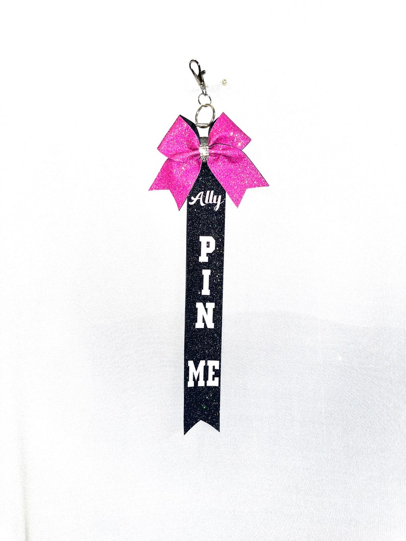 Pin Me Cheer Competition Tag Ribbons, Customizable Glitter Colors Add Personalized Name image 1