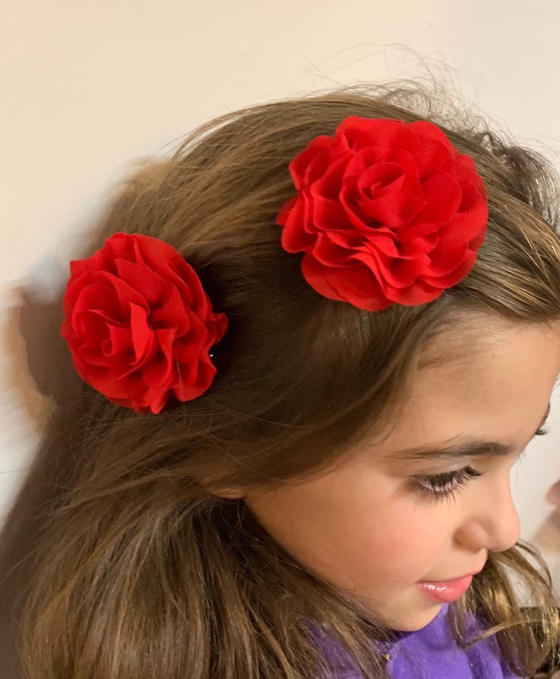Set of 2 Chiffon Flowers Clips Or Elastic Finish Double Flower Hair Bows BabyToddlerGirl Bows Gift Set