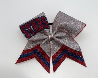 Choose Your Colors Full Glitter  Cheer Bows With Double Chevron stripes and Double Color Team Name