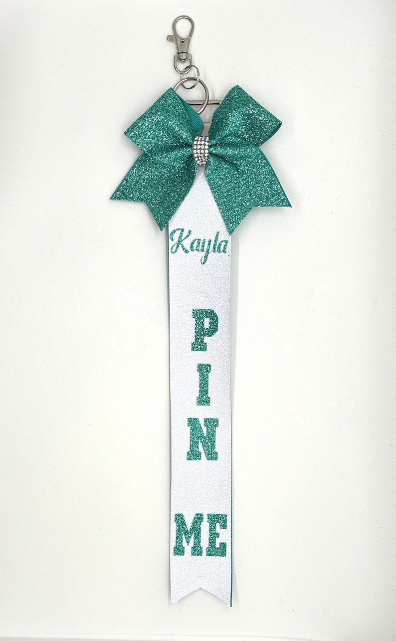 Pin Me Cheer Competition Tag Ribbons, Customizable Glitter Colors Add Personalized Name image 6