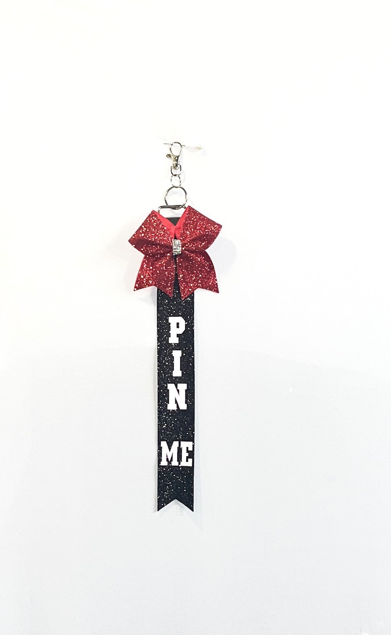 Pin Me Cheer Competition Tag Ribbons, Customizable Glitter Colors Add Personalized Name image 3