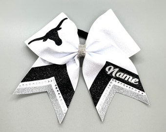 Full Glitter Cheer Competition Bows with Logo Silhouette and custom names. Choose your glitter colors and rhinestone stripe color