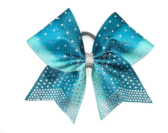 Teal Ombré Glitter Bling & Rhinestone Competition Cheer Bows, Squad Bows