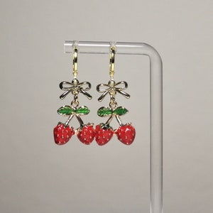 strawberry bow earrings | hypoallergenic coquette earrings jewelry y2k romantic dainty gifts for her