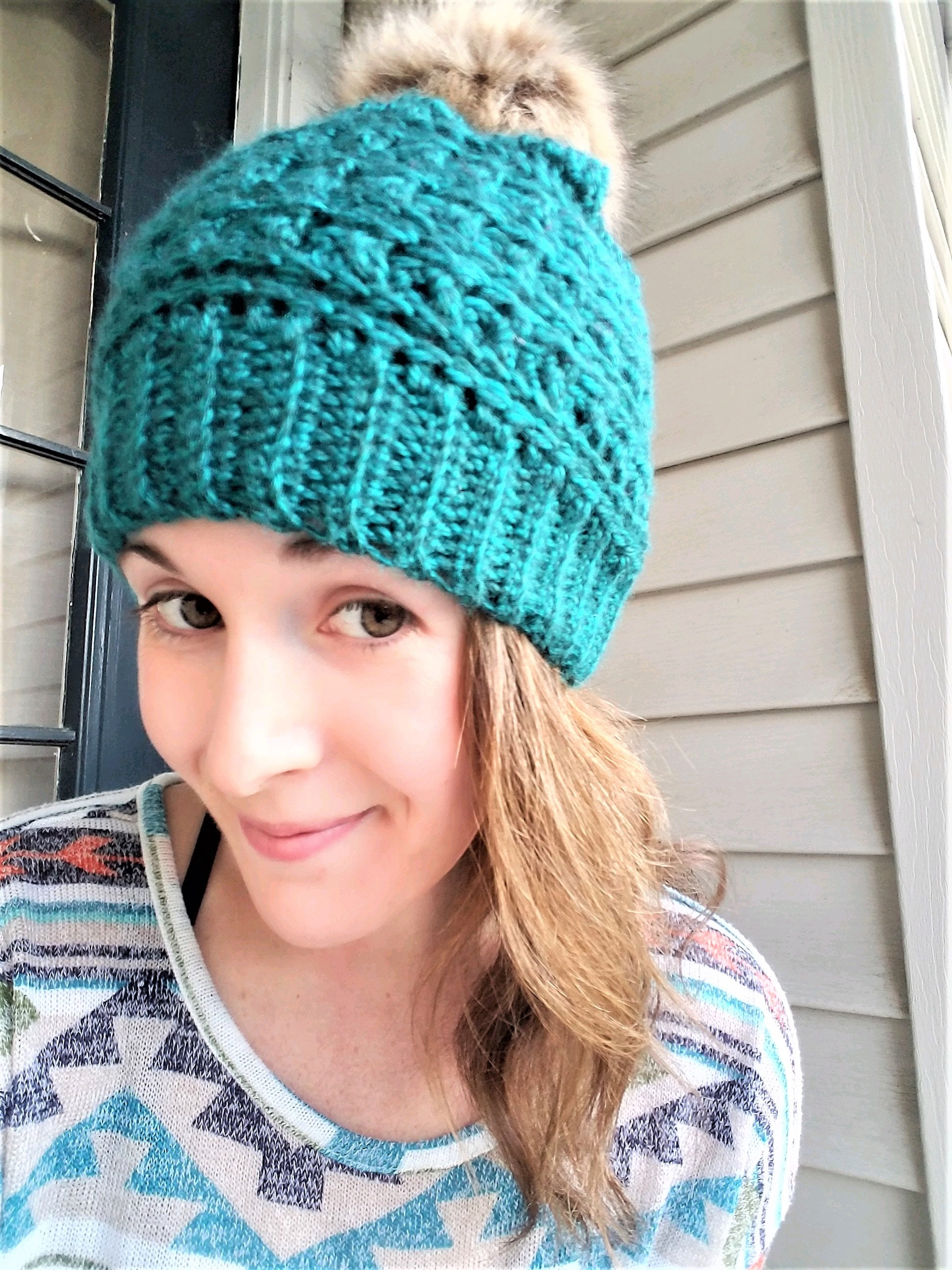 Vintage Multicolor Chunky Crochet Beanie Pompom Winter Hat Gloves Set Crocheting ribbed beanies for winter main image 4