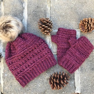Pompom Hat and Glove Set | Winter Beanie | Winter Hat | Fingerless Gloves
