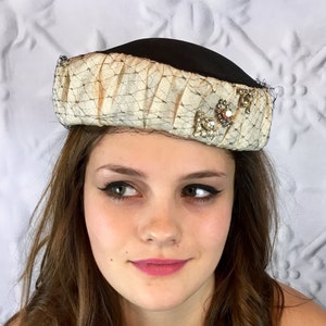 Rhinestone Pillbox Hat Vintage 1950&#39;s Black and Ivory Hat with Netting Overlay