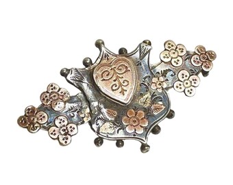 Victorian Gold Sterling Silver Heart, Orange Blossom and Shield Antique Brooch Love Token