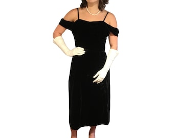 Vestido formal de Ceil Chapman de diseñador vintage de los años 50, Terciopelo de seda negro, Hombros descubiertos, Escote en V en la espalda, Vestido de Marilyn Monroe, SM