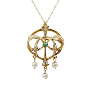 Turquoise Seed Pearls 14k Yellow Gold Vintage Convertible Brooch Pendant Necklace