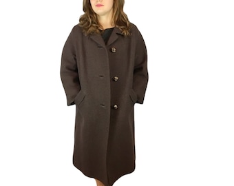 1950's Jeweled Button Twill Wool Coat / Vintage Women's Chocolate Brown Long Winter Coat from Filene's