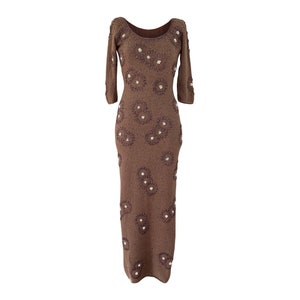 Gene Shelly Vintage 1960s Dress Mocha Brown Bouclé Floral Beaded Wiggle Dress Boutique Internationale XS SM