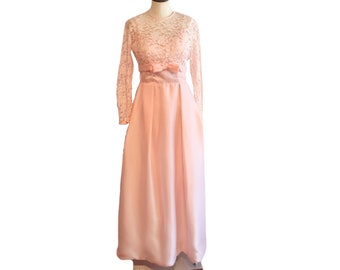 1960s Pink Evening Gown with Lace Cropped Jacket / Vintage Prom Dress Spaghetti Straps and Sheer Long Sleeve Bolero / Barbiecore dress / SM