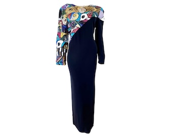 Louis Feraud Vintage 1980s vestido de diseñador inspirado en Picasso mosaico lentejuelas con cuentas vestido de noche de gala MED