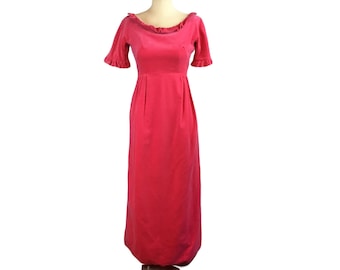 Vestido de terciopelo rosa intenso de Emma Domb, años 60, estilo Regency Bridgerton Barbiecore, corte imperio, talla XS